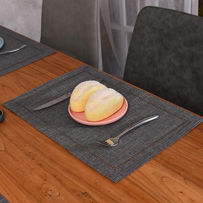 Tosewever Set of 4 Decorative Linen Placemats 12 x 18 Inches, Farmhouse Style Table Mats for Everyday Dining Wedding Party Holiday Home Decor (4 Pieces 12 x 18”, Grey/Straight) (Pack of 2)