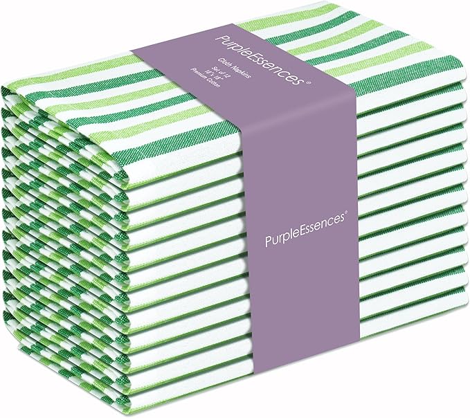 PurpleEssences Plain Striped Cloth Napkins - Set of 12-100% Cotton - 18 x 18 Inch -St Patricks Day and Perfect Everyday Use Dinner Napkin - St Patricks Green