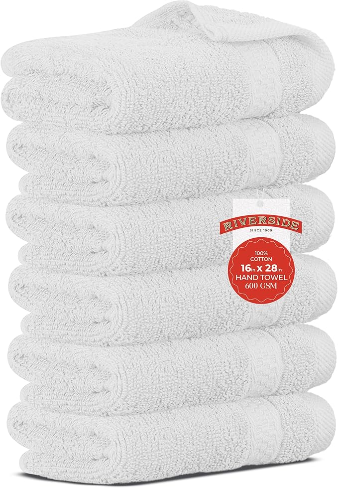 RIVERSIDE 6 Pack Premium Hand Towels Set, 16x28 inches, 100% Ring Spun Cotton, 600 GSM, Soft, Quick Dry and Highly Absorbent, Towels for Bathroom, Kitchen, Gym, Spa - White