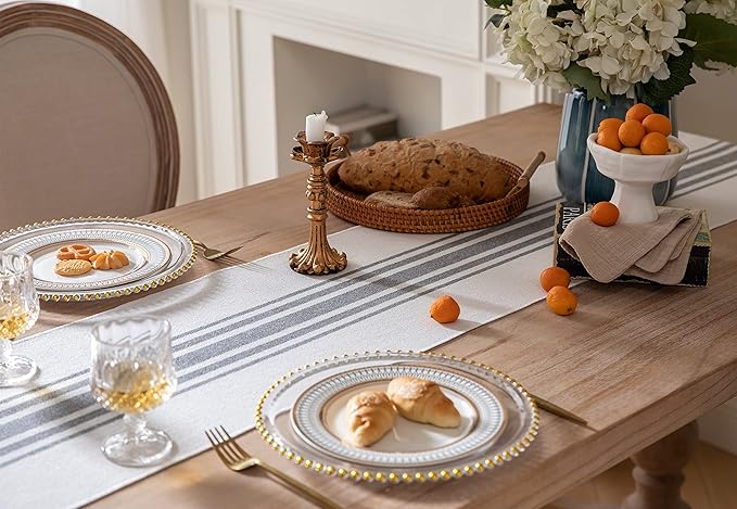 Boho Table Runner for Modern Farmhouse Decor, Dining Table décor 13 x 72 Inch Long, Coffee Table Runner with Handcrafted Tassels, Grey and Beige Stripe Table Runner for Home Boho Décor