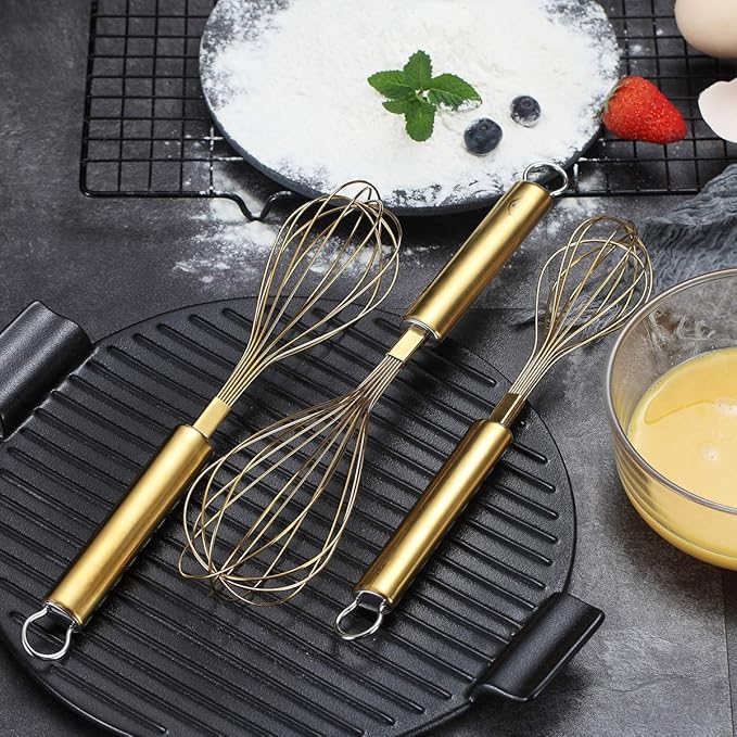 Berglander Gold Whisk Pack of 3 Stainless Steel 8",10",12", Titianium Plating Whisks for Cooking, Beater,Wire Whisk Set Kitchen Wisk (Gold)