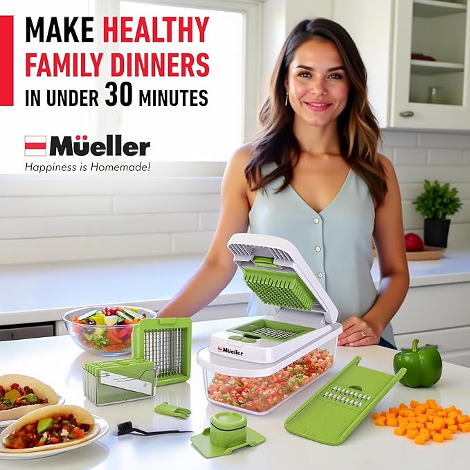 Mueller Pro-Series 10-in-1, 8 Blade Vegetable Chopper, Onion Mincer, Cutter, Dicer, Egg Slicer with Container, French Fry Cutter Potato Slicer, Home Essentials, Salad Chopper White Sand/Green