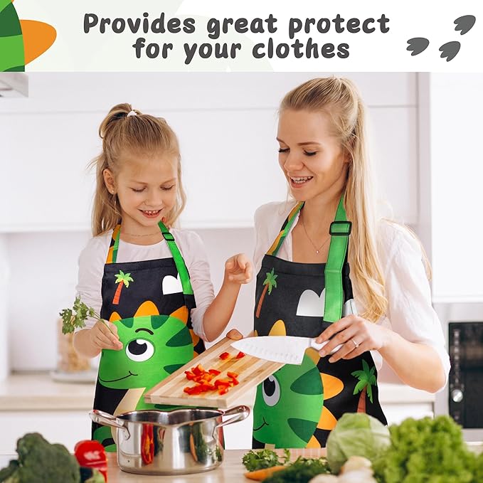 R HORSE 2Pcs Adults Kids Matching Apron Set, Dinosaur Theme Parent and Child Adjustable Kitchen Matching Apron, Funny Cooking Birthday Gift for Women Men Kid Cooking Baking Painting Gardening