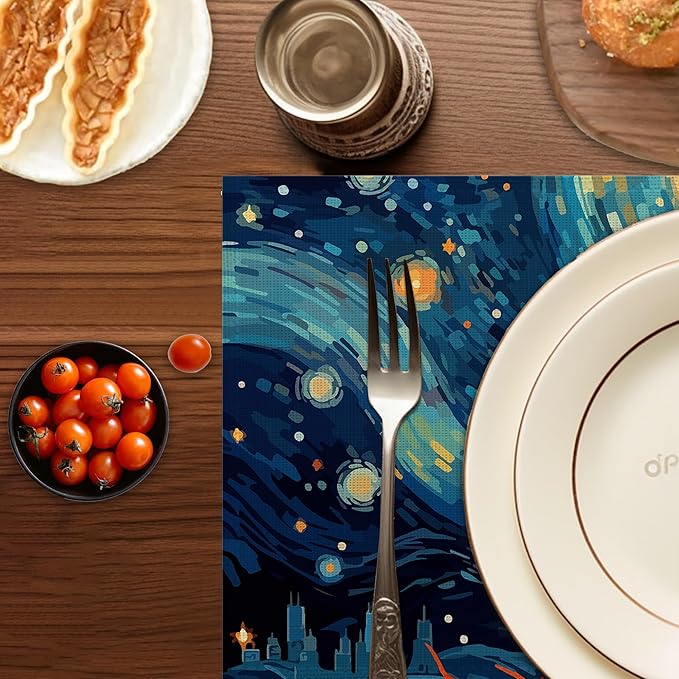 Starry Night Cat Placemats Set of 6,Washable Heat Resistant 12×18 Inch Linen Table Mats Cute Place Mats for Party Outdoor Dining Décor