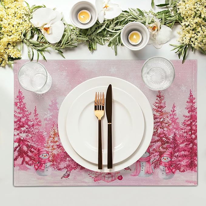 Pink Forest Placemat Set of 4 Winter Tree Linen Place Mat for Home Holiday Decor