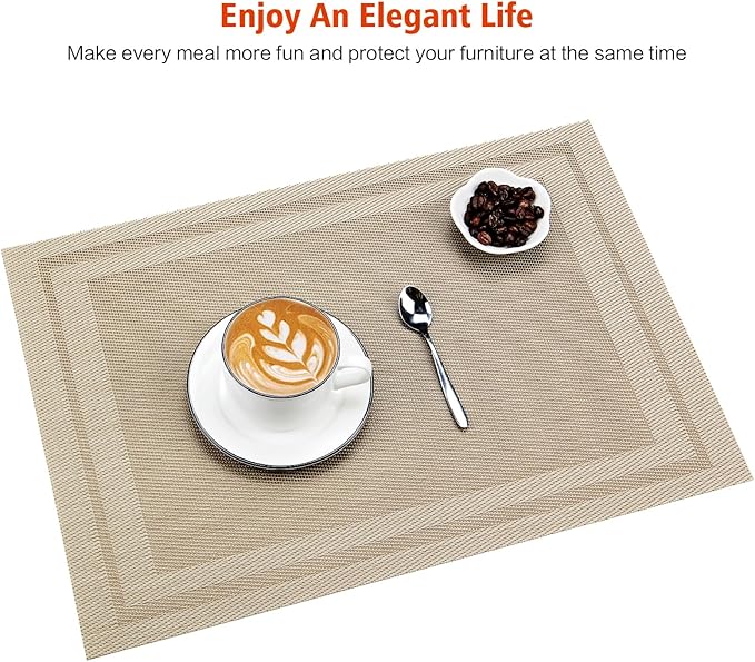 Placemats Set of 8,Washable,Heat and Stain Resistant Indoor/Outdoor Place mats,Vinyl Woven Non Slip Table Mats for Restaurant Table Protection,PVC Placemats(Beige,8PCS)