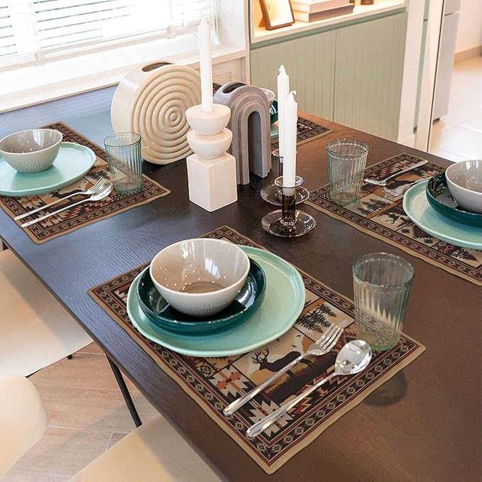 Rustic Brown Wildlife and Tribal Pattern Linen Placemats Set of 4, Heat Resistant Cute Bear Deer Table Mats for Dining Table Kitchen Party Cabin, Vintage Home Decor & Gifts for Outdoor Nature Lovers