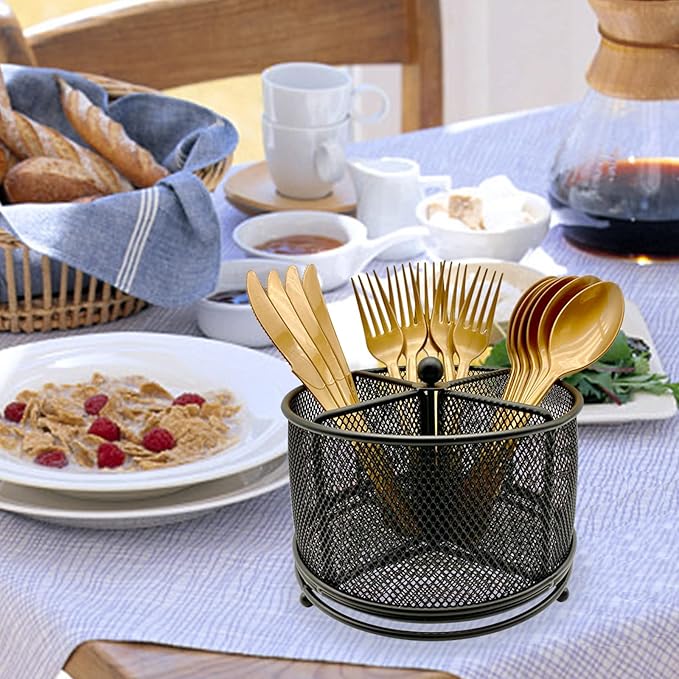 DysanVica 360° Rotating Metal Utensil Caddy - 4 Compartment Silverware Cutlery Holder Rotation Fork Spoon Napkin Organizer Flatware Storage Basket Party Countertop Buffet Picnic Camping Outdoor Black
