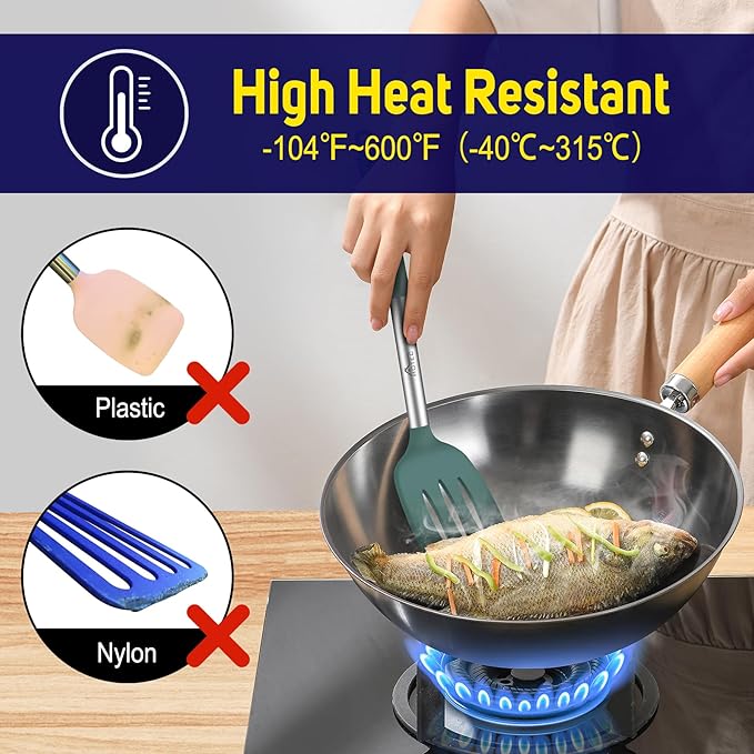 HOTEC Silicone Spatula Set of 2 Heat-Resistant 600°F & BPA-Free Kitchen SaptulaTurner with Stainless Steel Handles, Slotted & Solid Spatulas for Nonstick Cookware, 13.7 Inch, Sage Green