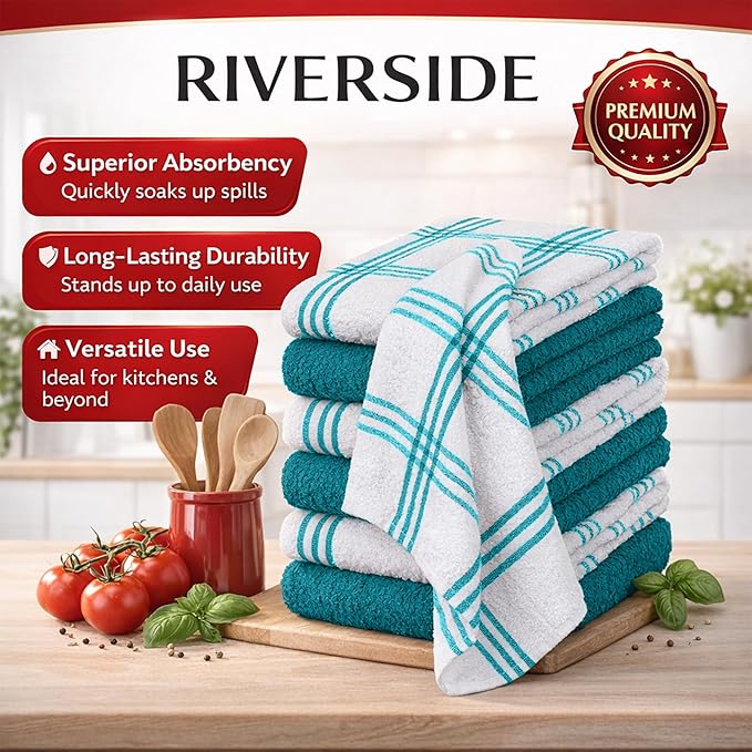 RIVERSIDE Pack of 12 Premium Kitchen Towels 16 x 26 Inches, 100% Cotton Kitchen Hand Towels, Super Soft and Highly Absorbent Dish Towels for Kitchen (Teal)