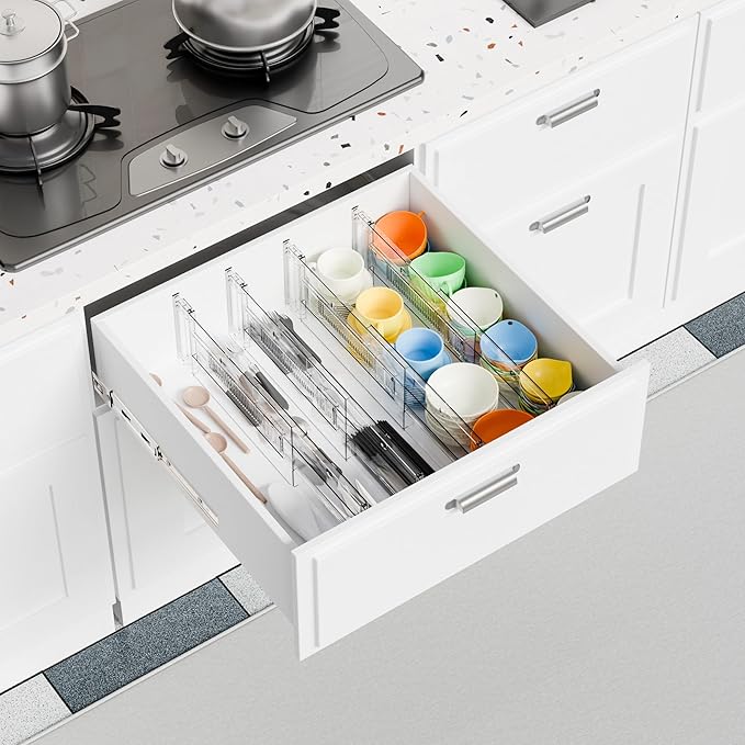 Yieach 4 Pack Clear Acrylic Drawer Divider 6 Inch High,Expandable from 14-20'',Adjustable Dresser Drawer Dividers for Baby Clothing,Underwear and Sock,Separators,Deep Drawer Separators for Kitchen