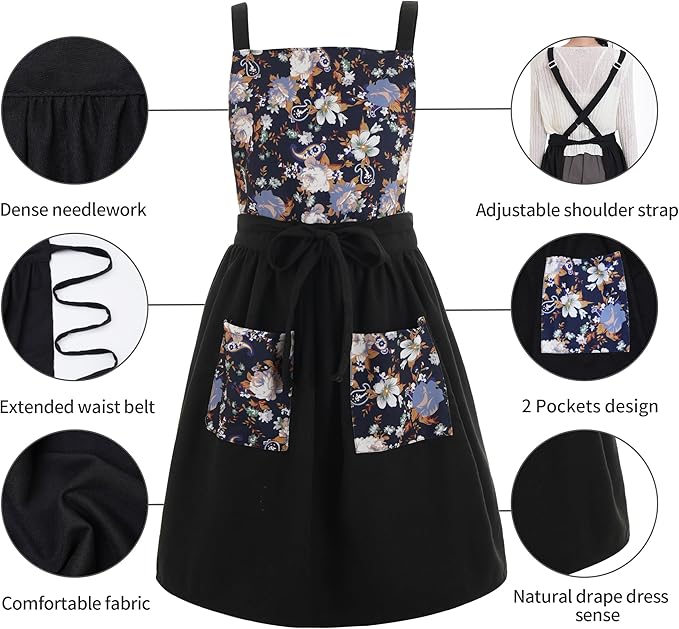 Pinknoke Vintage Pinafore Apron Dress for Women with Pockets Cute Floral Chef Aprons for Kitchen Cooking Baking Gardening