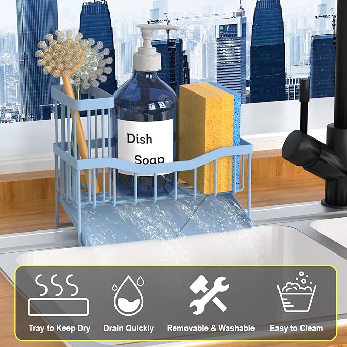 Fssvcd Maifan Sink Caddy Sponge Holder for Kitchen with Brush Holder and Stainless Steel Self Drain Tray, Rustproof Kitchen Sink Organizer for Sponge, Soap Dispenser Storage Accessories