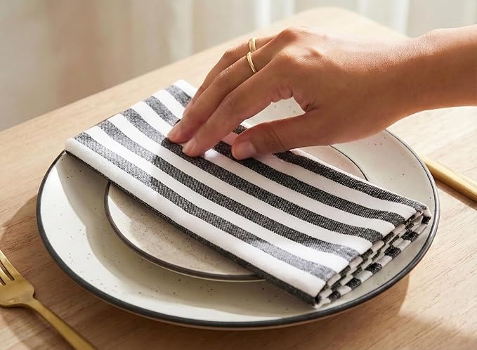 PurpleEssences Plain Striped Cloth Napkins - Set of 12-100% Cotton - 18 x 18 Inch - Spring Easter Summer and Perfect Everyday Use Dinner Napkin - Black and White