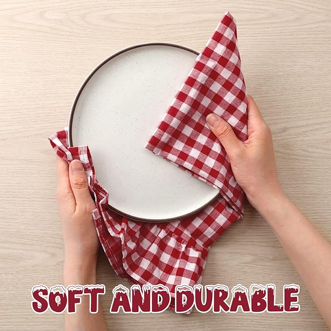 HunnmingRe Red Kitchen Towels Set of 2, 100% Cotton Ruffled Gingham Dish Towels 18"x28" Absorbent Tea Cloths Classic Plaid Pattern for Farmhouse Charm, Drying Dishes, Entertaining Guests