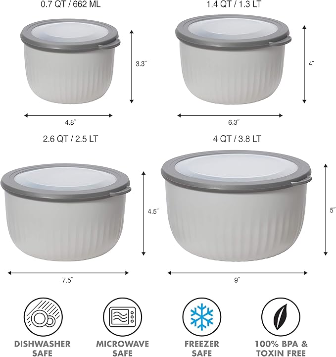 Oggi Prep, Store & Serve Plastic Bowl w/See-Thru Lid- Dishwasher, Microwave & Freezer Safe, (4 qt) Lt Gray w/Dk Gray Lid