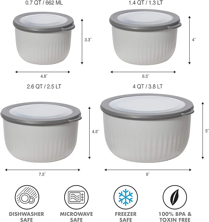 Oggi Prep, Store & Serve Plastic Bowl w/See-Thru Lid- Dishwasher, Microwave & Freezer Safe, (0.7 qt) Lt Gray w/Dk Gray Lid