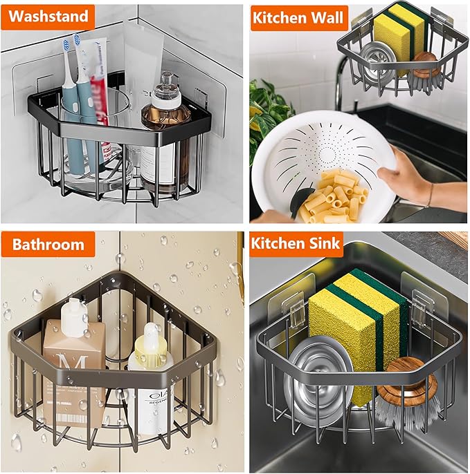 Sink Caddy Corner Kitchen Sink Organizer, Adhesive Sponge Caddy for Kitchen Stainless Steel,Dish Cloth Hanger Sponge Holder Soap Storage Rack for Space-Saving Storage(not for Rounded)