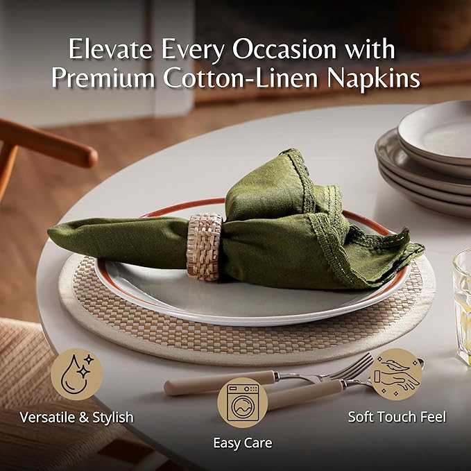 Ramanta Home Linen Flax Cloth Napkins Set of 24 Olive Green, 18x18 Inch | Easter Premium Cotton Linen Flax Lace Soft & Durable | Washable Ideal for Spring Basket Décor, Wedding, Kitchen, Everyday Use