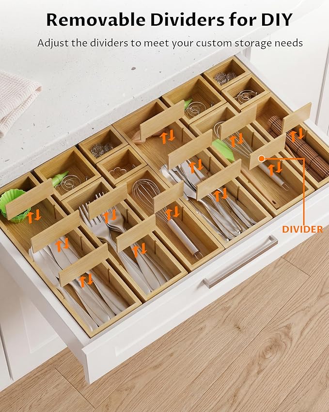 12-Piece Bamboo Desk Drawer Organizer Set – Adjustable Storage Boxes with 24 Compartments, Non-Slip, Modular Design for Office, Jewelry, Vanity, and Kitchen Utensil Drawer Storage