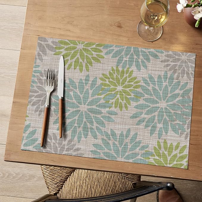Artoid Mode Floral Vinyl Placemats Set of 4, Heat Resistant Washable Non-Slip Plistic PVC Place Mats for Party Kitchen Dining Decor, Sage
