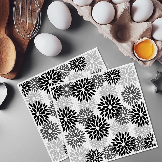Artoid Mode Black Dahlia Floral Kitchen Dish Cloths, 12x12 Inch Quick Dry Microfiber Dishcloths for Kitchen Premium Dish Rags Set of 2