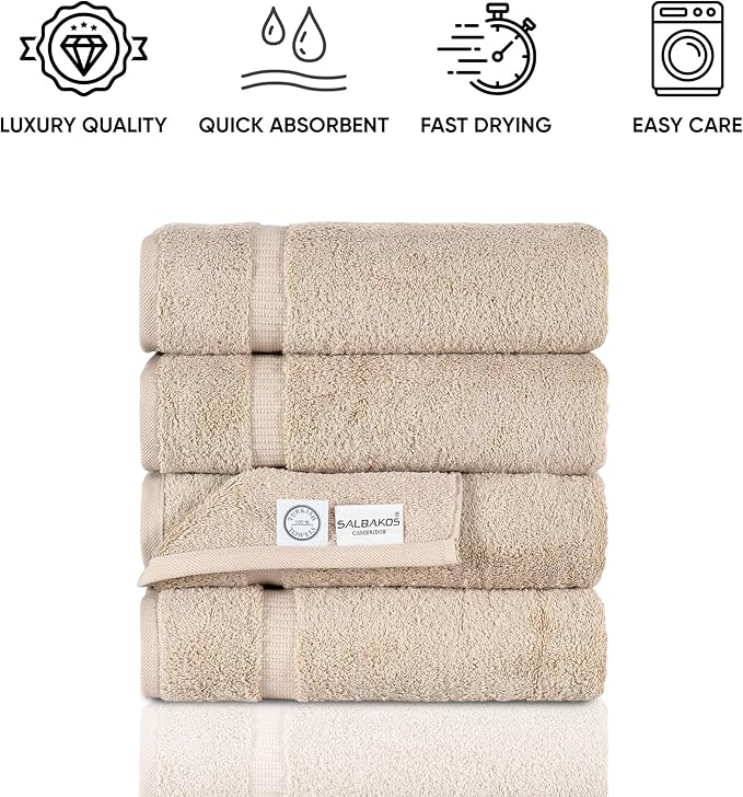 SALBAKOS 100% Turkish Cotton Bath Towels | 4 Piece Turkish Bath Towels Taupe 27x54 in Standard Size | Premium Hotel Quality, Super Absorbent, Thick & Plush Turkish Bath Towel (Taupe, 4 Bath Towels)