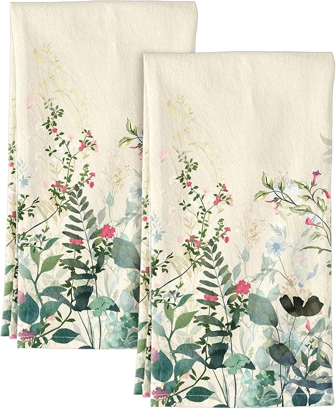Miss Adola Flour Sack Kitchen Towels Set of 2-18x26 Cotton Dish Towels with Hanging Loop Reusable Tea Towel for Cleaning Spring Absorbent Dishcloths Cute Home Decor Housewarming, Ink Flowers