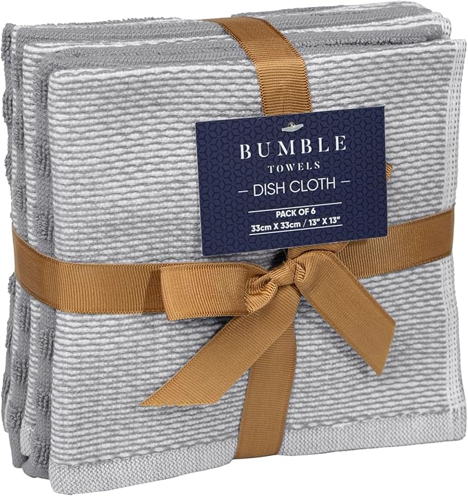 Bumble Premium Dish Cloths 13"x13" (6 Pack) | 100% Natural Ring Spun Cotton | 400 GSM | Highly Absorbent & Soft |Yarn Dyed & Solid Dyed Terry Dish Cloth Set - Grey