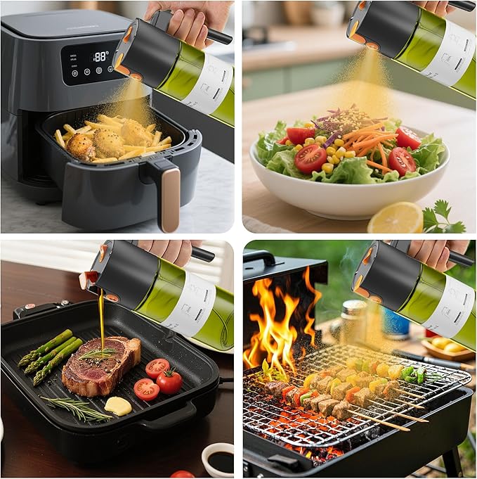 LUKUMIQI 2 in 1 Oil Sprayer for Cooking, 17oz Light-Blocking Glass Spray Bottle with Stickers, Oil Dispenser for Salad, Air Fryer & BBQ