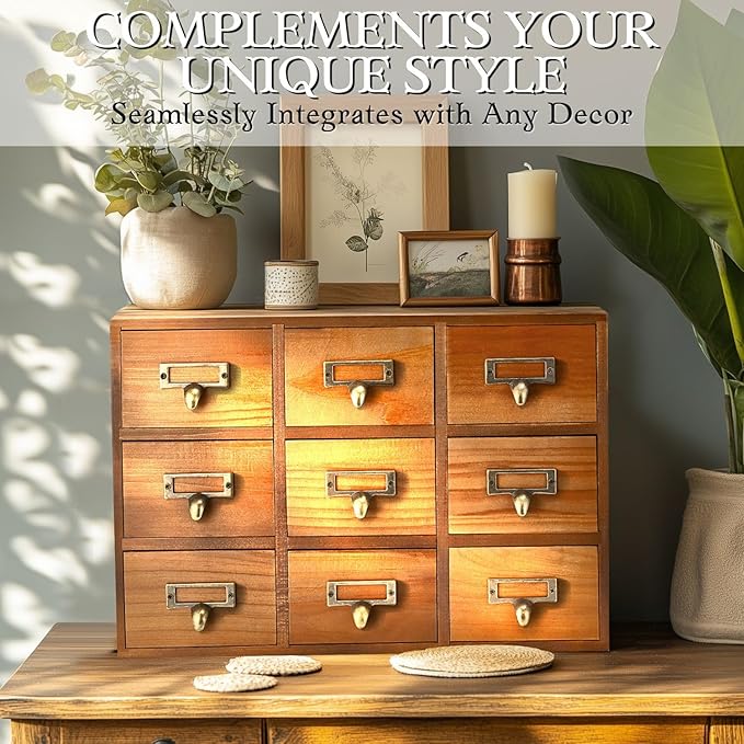 Flexzion Apothecary Cabinet with Drawers - 9 Vintage Apothecary Drawers Desktop Organizer for Home & Office - Wooden Tabletop Library Card Catalog Cabinet Storage for Jewelry, Makeup & Tools, Brown