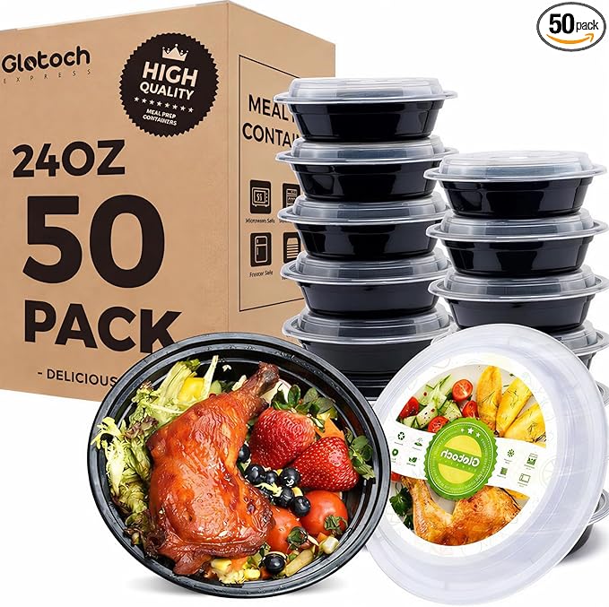 Glotoch 24oz Meal Prep Containers with Lids(50-Pack), Food Storage Containers, Reusable BPA-Free Plastic Containers, Microwave, Freezer and Dishwasher Safe, Stackable Portion Control Containers