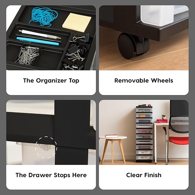 IRIS USA Plastic Drawer Storage Organizer Rolling Cart with Wheels Casters 10-Drawers for Classroom Art Craft Supplies Dresser Closet Bathroom Laundry Room Black/Clear