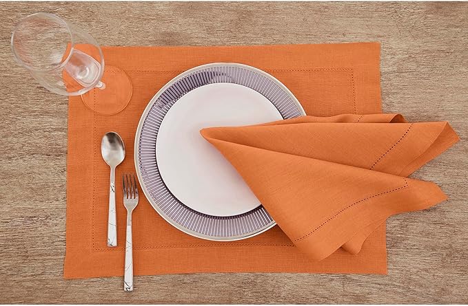 Solino Home Linen Placemats Set of 4 - Classic Hemstitch Pumpkin Placemats 14 x 19 Inch - 100% Pure Linen Table Mats