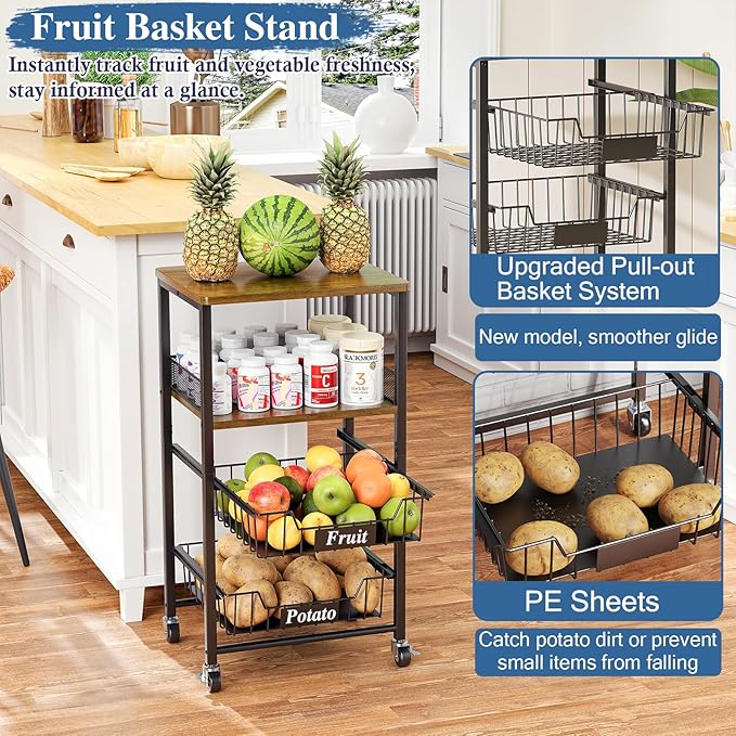 OKZEST 4 Tier Rolling Cart with Drawer Baskets, Metal Utility Storage Cart with Wheels and Wood Top for Living Room, Kitchen, Home Office, Bedroom, Pantry, Baby Essential, Makeup, Snack, Craft, Black