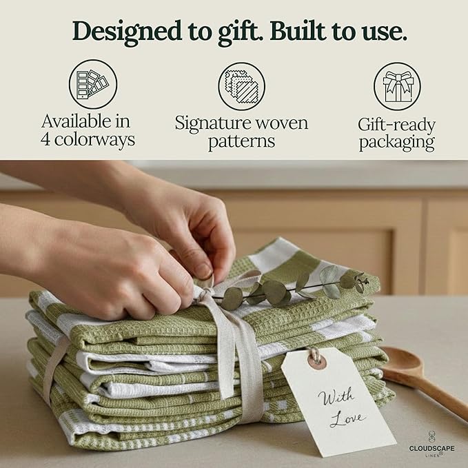 CLOUDSCAPE Kitchen Towels 12 Set 18”x28” Cotton Blended Hand Towels with Hanging Loop - Quick-Drying Dish Towels for Kitchen Set, Highly Absorbent, Dish Cloths Set for Washing Dishes - Sage Green