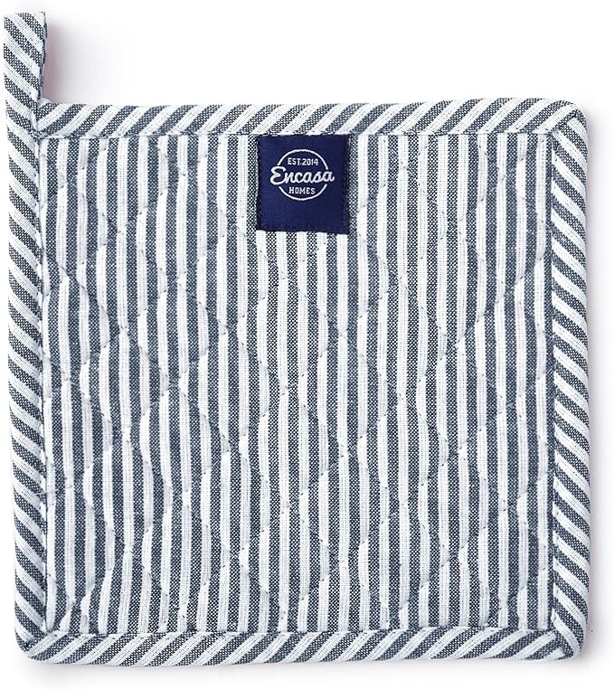 Encasa XO 8 inches Oven Microwave Potholders (2 pc Set) for Kitchen Cooking & Baking - Heat Resistant, Thick & Safe, Protection of Hands from Hot Utensils - Ticking Navy Blue