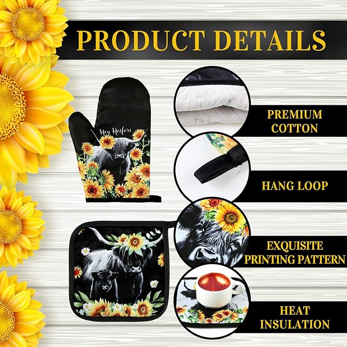 Leinuosen 6 Sunflower Cow Kitchen Towels Kitchen Decor and Accessories Set Floral Plant Oven Mitts and Pot Holders Sets Farmhouse Absorbent Dish Towels for Cooking Baking Grilling