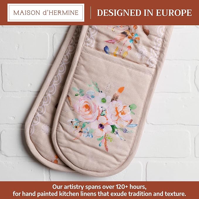 Maison d' Hermine Double Oven Mitts 100% Cotton 7"x35" Double Oven Mitt Heat Resistant BBQ Cooking Gloves with Loop Baking Grilling Gifts for Mothers Day Spring Summer (Ibiza - Beige)