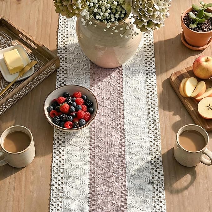 Artoid Mode Pink Farmhouse Rustic Table Runner, Seasonal Holiday Hollow Kitchen Dining Table Decoration for Home Party Decor 12x48 Inch