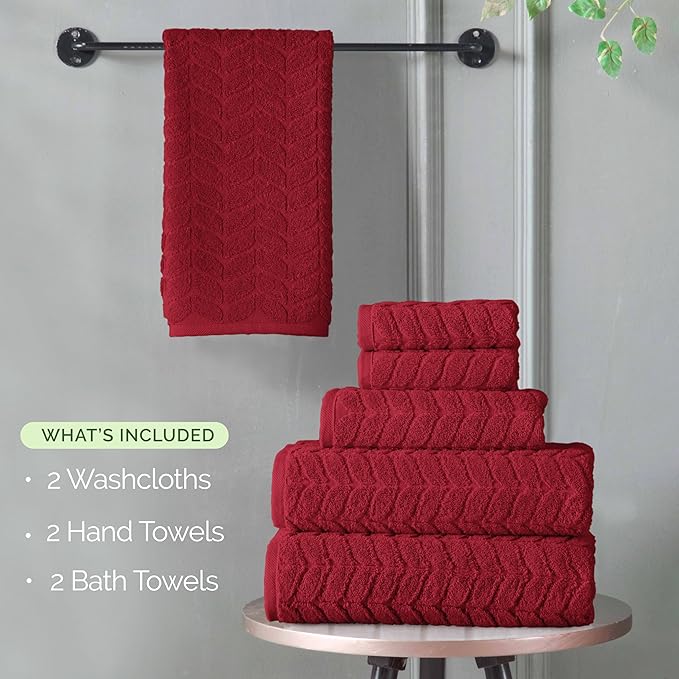 Elegant Comfort Luxury 6-Piece 100% Turkish Cotton Jacquard Braided Textured Premium Hotel Quality Towel Set– Soft and Absorbent, Includes 2 Bath Towels, 2 Hand Towels and 2 Washcloths, Burgundy