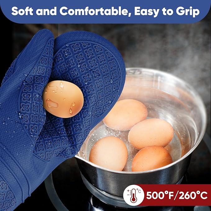 Silicone Oven Mitts, Heat Resistant Oven Gloves with Quilted Liner, Waterproof & Non-Slip Kitchen Mittens for Baking Cooking BBQ, 500°F, 12.5"-Madnight Blue
