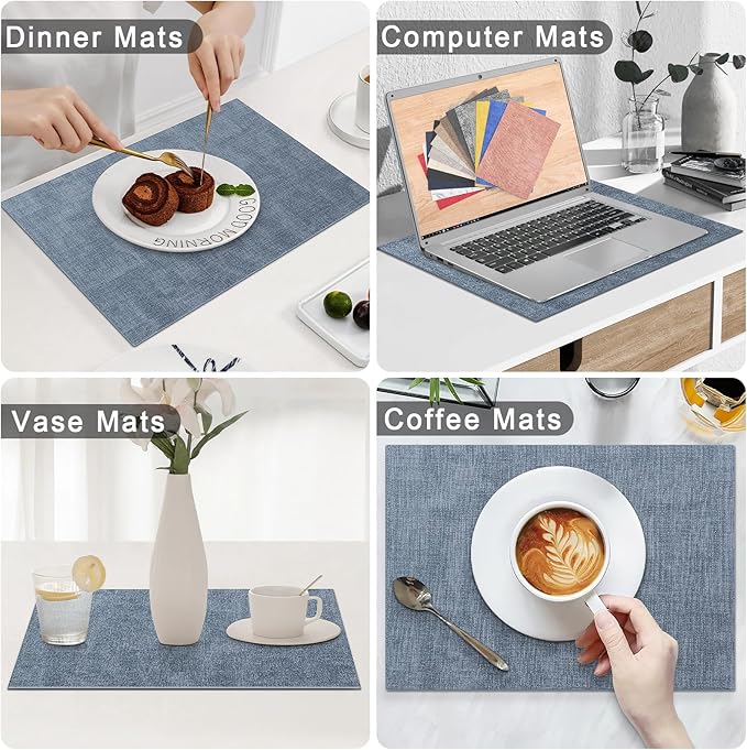 Homaxy Faux Leather Heat Resistant Placemats for Dining Table Set of 8, Waterproof Wipeable Washable PU Table Mats, Easy to Clean Anti-Slip Place Mats, 11.8" x 17", Blue