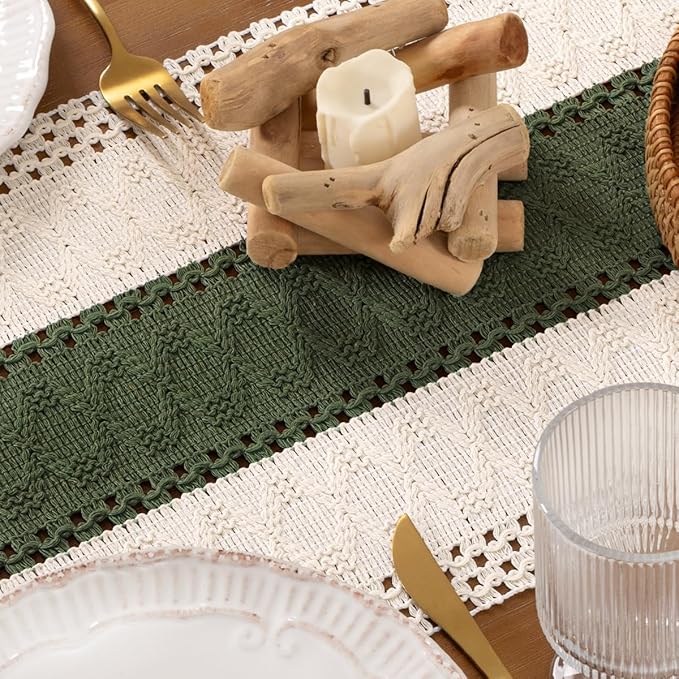 DeZerlor Boho Macrame Table Runner Spring Easter Farmhouse Woven Small Table Runner with Tassels 48 Inches Ivory& Olive Green Cotton Linen Kitchen Table Decor for Dining Dresser Home Tea Table Decor