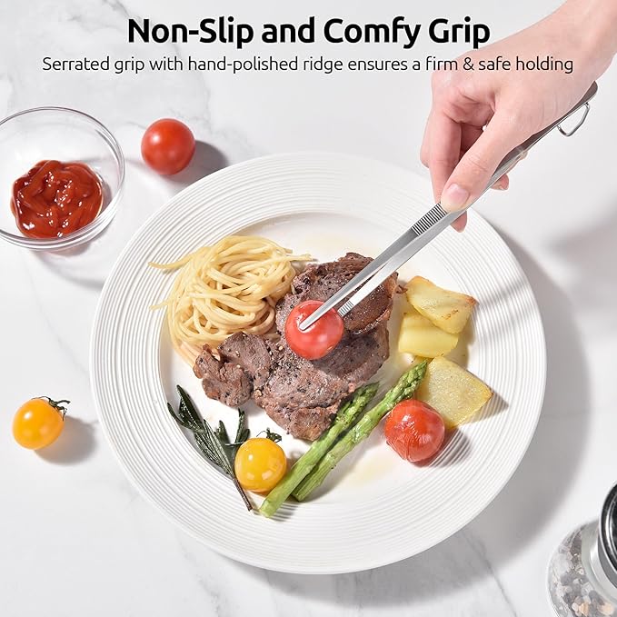 U-Taste 8in Kitchen Plating Tweezer: 18/8 Stainless Steel Food-Grade Metal Food Tong, Seamless-Welding, Sturdy and Flexible with Non-Slip Tips for Serving, Decorating, Cooking, Baking (Pointed Tip)