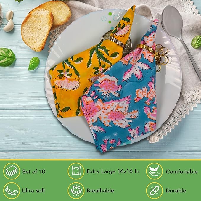 DIYANAIMPEX 10 Pc Cotton Cloth Napkins Hand Block Print Hand Made Size 16x16 Inch Printed Home Decor Indian Eco Friendly Mix Lot Dinner Napkins (Multicolor)