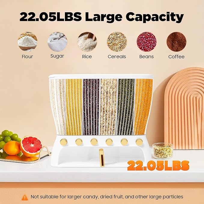 6 Grids Dry Food Dispenser Storage Containers w/Rice Hopper, Rice & Cereal Dispenser for Kitchen Pantry Organization, Storage Bucket for Small Grains, Beans