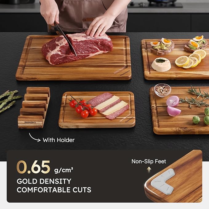 4 Pack Teak Wood Cutting Board Set for Kitchen Heavy Duty Non Toxic Non Slip Solid Thick Wood Haus Chopping Board Extra Large Big Small Meat Best Non Toxic Kitchen Essential House Warming Hostess Gift