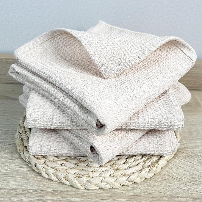 PY HOME & SPORTS Dish Towels Set - 4 Pieces 17 x 25 Inches Khaki 100% Cotton Waffle Weave Kitchen Towels, Absorbent Kitchen Hand Dish Cloths for Cleaning and Drying