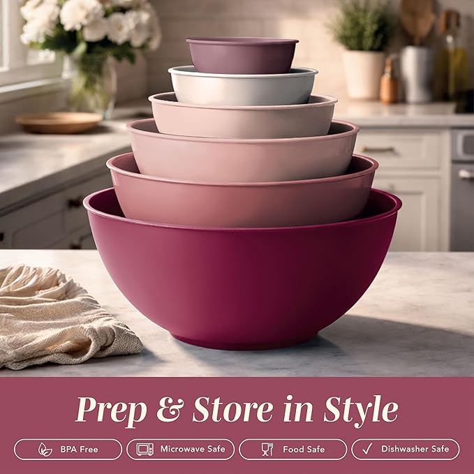 COOK WITH COLOR Mixing Bowls with Lids - 12 Piece Plastic Nesting Bowls Set includes 6 Prep Bowls and 6 Lids, Microwave Safe Mixing Bowl Set, Rose TPR Lid